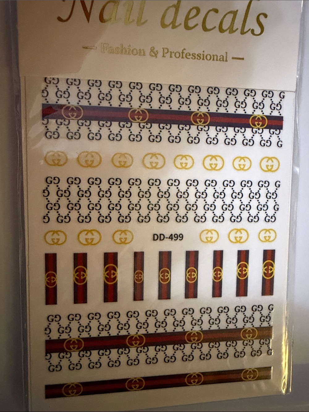 Gold Logo Nail Decals with Red & Navy Stripes